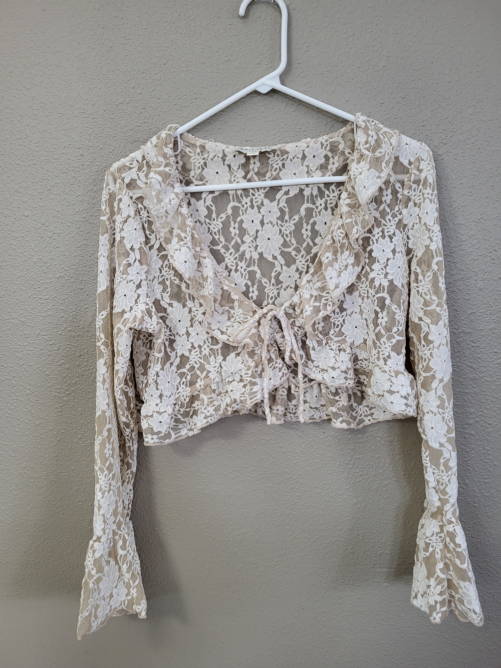 Thirty Thirty LA Biege Floral Lace Bolero Shrug Ruffle Bell Sleeve Large Short